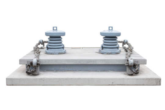 Heavy duty industrial electrical insulator assembly on a concrete base.