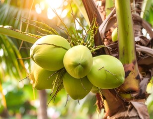 Green coconuts on palm tree
