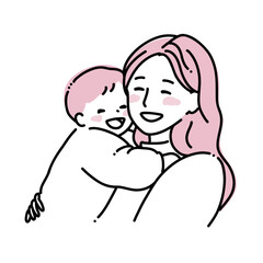 にっこり笑う赤ちゃんとお母さん　ピンク