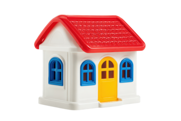 Simple plastic toy house with a red roof and yellow door.
