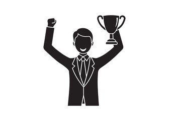 Successful Businessman Holding Trophy:  Black and White Icon, Achievement, Victory, Celebration,  Corporate Success.