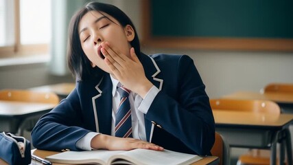 Tired Korean student in school uniform yawns while leaning on a desk - Powered by Adobe