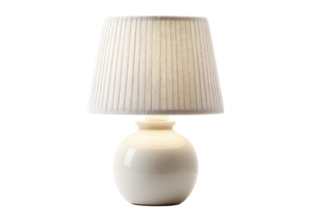 Elegant white table lamp with pleated fabric shade isolated.