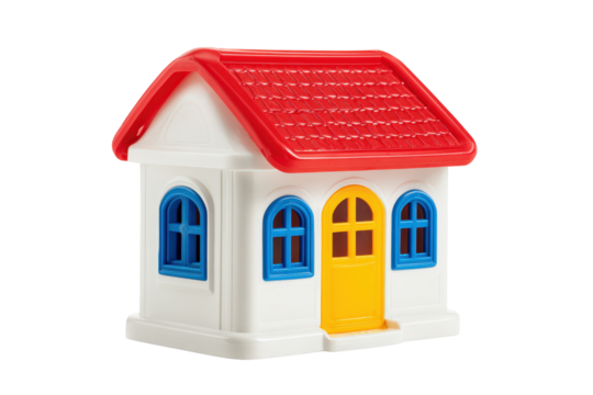 Simple plastic toy house with a red roof and yellow door.