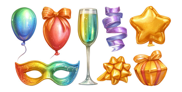 Colorful Party Elements Including Balloons, Ribbons, Glass and Gifts for Celebrations
