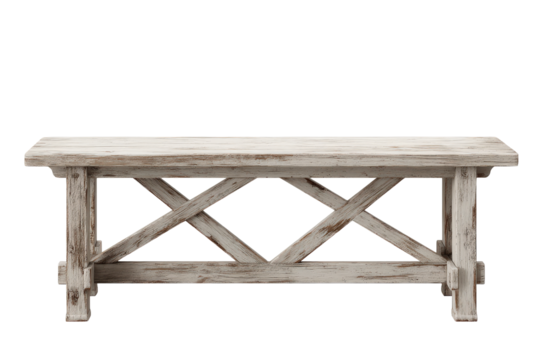 A long rustic wooden bench with a weathered gray finish isolated on white.