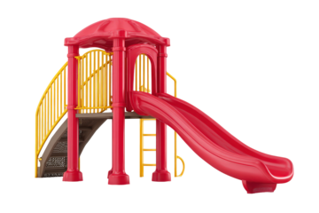 Red and yellow childrens playground slide isolated on white.