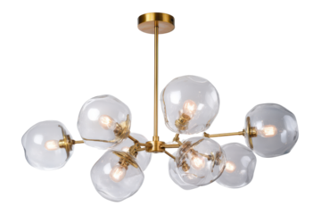 Modern gold chandelier with multiple clear bubble glass globes.