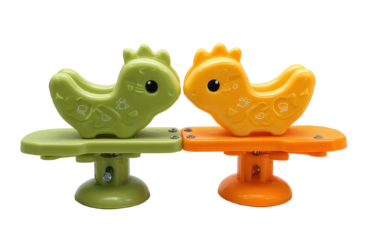 Two cute colorful plastic bird toys on stands facing each other.