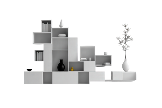 Modern modular bookcase with shelves and decorative objects.