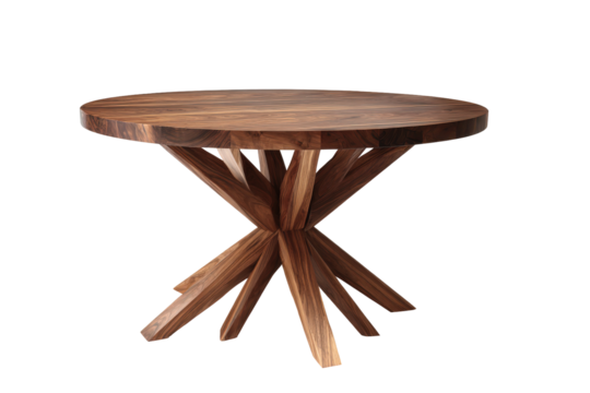 Round wooden dining table with a unique crisscross leg design.