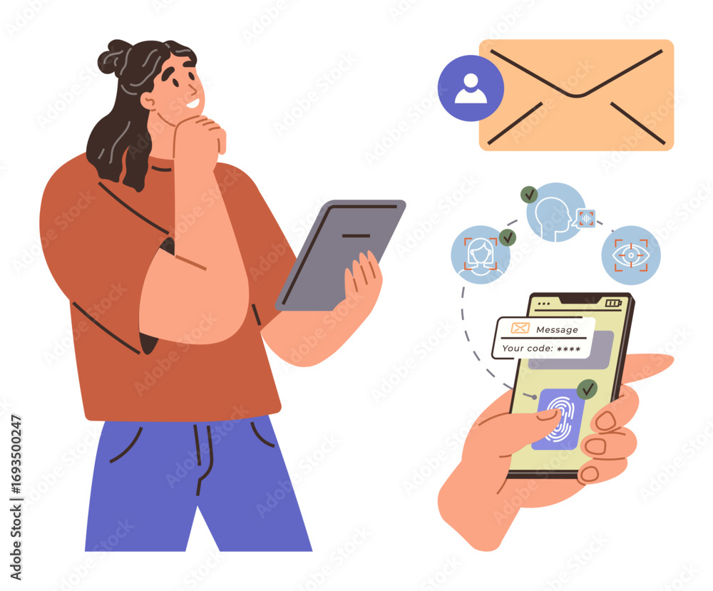 Poster woman thinking, holding tablet. smartphone showing two-factor authentication, secure code input. ico