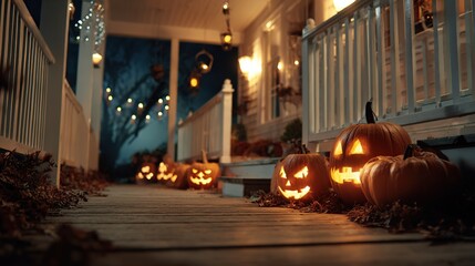 Fototapeta premium Spooky Jack-o'-Lanterns Decorating a Porch for Halloween