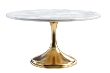 Elegant round table with a white marble top and gold pedestal base.