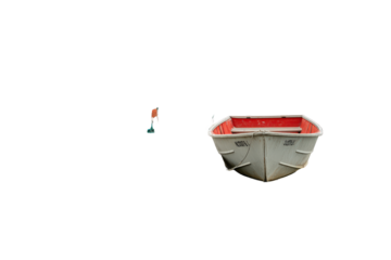 Small gray and red fishing boat isolated on a white background.