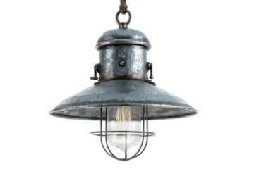 Vintage industrial style hanging pendant lamp with a metal cage.