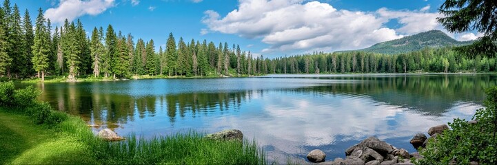 stunning landscape, serene lake surrounded by evergreen forest, majestic mountains in the distance, reflection of clouds in the still water, lush green foliage on the shoreline, peaceful and tranquil 