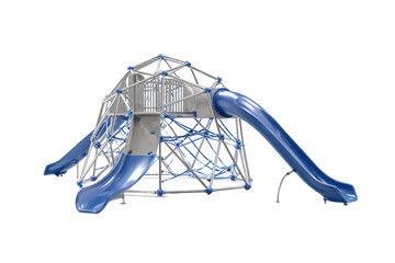 A modern blue and gray playground climbing structure with slides.