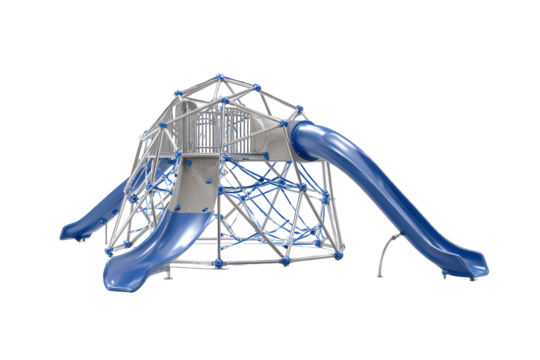 A modern blue and gray playground climbing structure with slides.