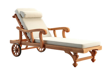 Wooden chaise lounge chair with wheels and cushion isolated on white.
