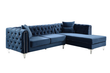 Luxurious deep blue tufted velvet sectional sofa with chaise lounge.