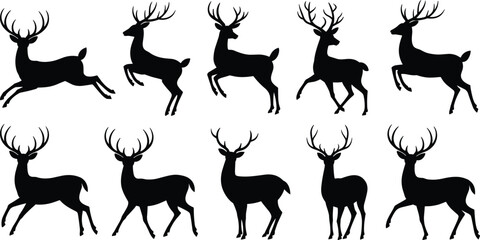 Deer silhouette vector collection, elegant stag designs, jumping and walking poses, perfect for wildlife, hunting, Christmas, nature-themed projects.