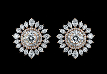 Sparkling Rose Gold Diamond Stud Earrings with Round, Baguette, and Pear-Shaped Stones, Elegant Floral Cluster Design