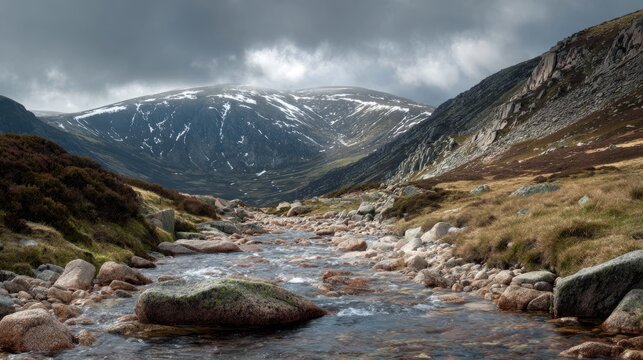 Scenic view of lochnagar munro in the cairngorms, scotland highlands featuring rugged isolated mountain peaks, rolling hills, and remote wilderness landscape under a clear blue sky