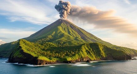 Lush volcanic island landscape with erupting summit under a partly cloudy sky scenery
