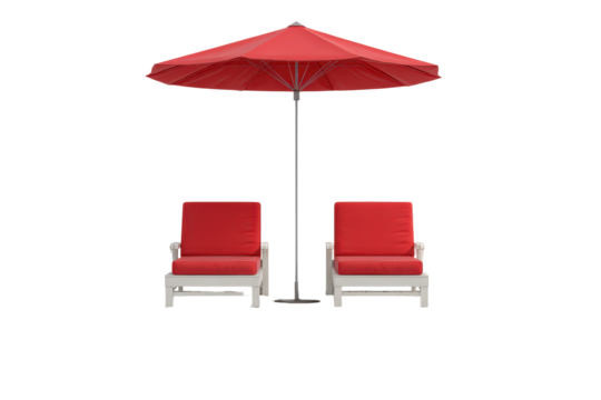 Red patio umbrella with two matching cushioned chairs.