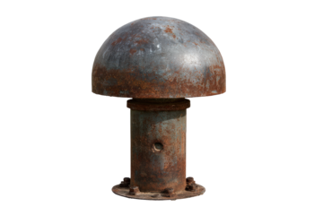 Old rusty industrial metal mushroom vent isolated on white.