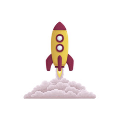 Yellow and maroon cartoon rocket ship launching amidst clouds and smoke