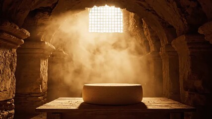 Enigmatic Cheese Wheel A Culinary Mystery in a Stone Chamber, Sunlight and Shadow
