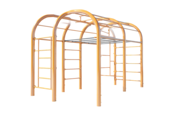 Yellow arched metal climbing frame for a playground.