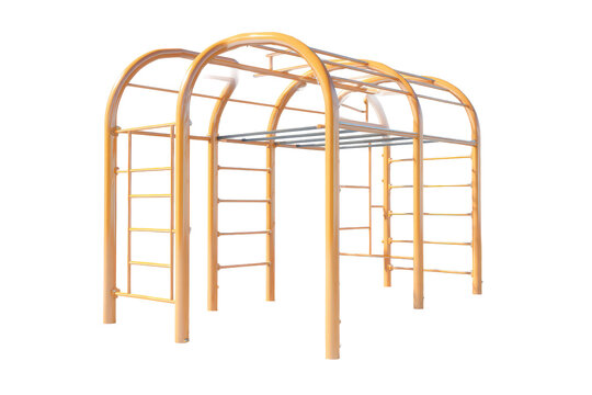 Yellow arched metal climbing frame for a playground.
