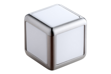 A modern cube with a metallic frame and white panels.