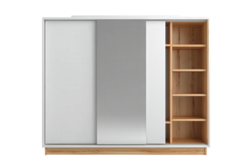 Modern white and wood wardrobe with sliding mirror door and open shelves.