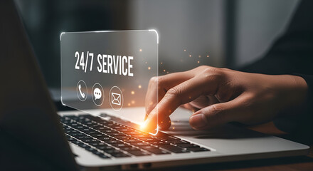 Customer support 24/7 service technology hand interacting with digital screen laptop interface