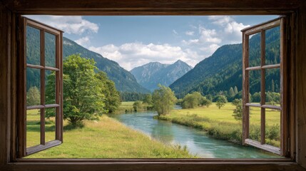 Fototapeta premium Open Window View to Green Garden and Nature Landscape