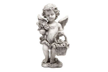 Classical cherub angel statue holding flowers and a basket.