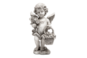 Classical cherub angel statue holding flowers and a basket.