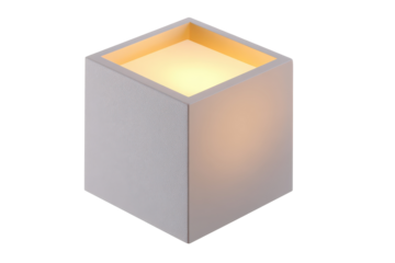 Modern minimalist gray cube lamp with warm interior light.