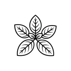 Stylized black and white outline of five basil leaves
