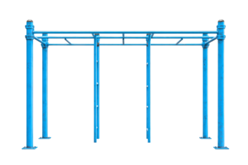 Blue metal monkey bars for outdoor fitness and playground fun.