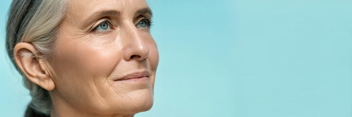 Obraz premium portrait of a smiling woman with grey hair, looking pensively off to the side, natural lighting, blue background, high resolution, detailed facial features, 8k, photorealistic 