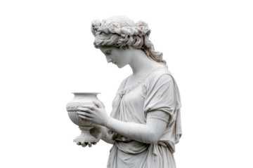 Elegant classical marble statue of a woman holding an urn isolated on white.