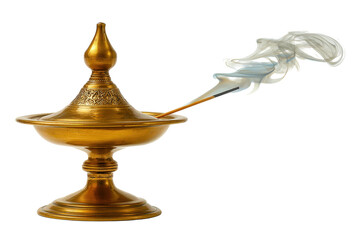 Ornate antique brass censer releasing fragrant smoke for aromatherapy.