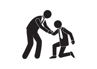 Businessman Helping Colleague, Simple Icon, Support and Teamwork Concept, Black and White Minimalist Style.