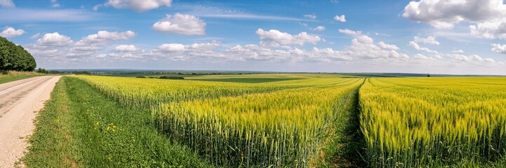 panoramic landscape, lush green wheat field, dirt path through fields, blue sky with fluffy white clouds, horizon line, idyllic rural scenery, agricultural landscape, peaceful countryside scene