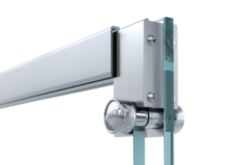 Sleek stainless steel hardware for a frameless sliding glass door.